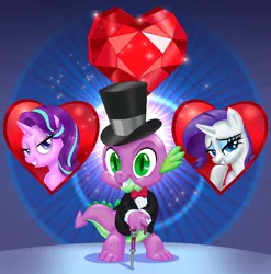 Size: 5789x5870 | Tagged: safe, artist:art-2u, derpibooru import, rarity, spike, starlight glimmer, bowtie, cane, choose your wife, clothes, female, hat, heart, image, jpeg, male, shipping, sparity, sparlight, straight, top hat, tuxedo