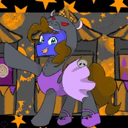 Size: 768x768 | Tagged: safe, artist:metaruscarlet, derpibooru import, oc, oc:silly scribe, unofficial characters only, earth pony, hippopotamus, pony, animal costume, carnival, clothes, costume, flats, halloween, holiday, image, jack-o-lantern, male, open mouth, png, pumpkin, raised hoof, shoes, skirt, solo, stallion, stars, tanktop, tutu