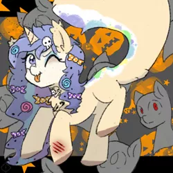 Size: 768x768 | Tagged: safe, artist:metaruscarlet, derpibooru import, oc, oc:mish-mash, unofficial characters only, alicorn, pony, :p, alicorn oc, candy, chest fluff, eyeshadow, face paint, female, food, halloween, holiday, horn, image, jack-o-lantern, lollipop, makeup, mannequin, mare, markings, one eye closed, png, pumpkin, raised hoof, raised leg, scar, solo, stars, tattoo, tongue out, unshorn fetlocks, wings, wink