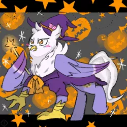 Size: 768x768 | Tagged: safe, artist:metaruscarlet, derpibooru import, oc, oc:gerbera, unofficial characters only, hippogriff, blushing, cape, clothes, female, halloween, hat, hippogriff oc, holiday, image, jack-o-lantern, png, pumpkin, solo, stars, wand, witch, witch costume, witch hat