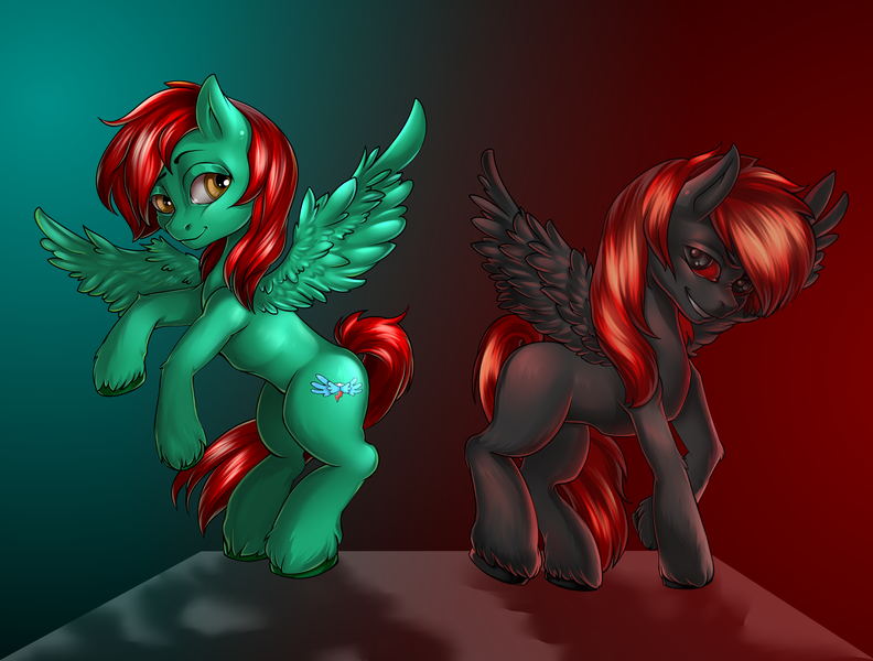 Size: 3928x2976 | Tagged: safe, artist:leastways, derpibooru import, oc, oc:negahedron, oc:tetrahedron, pegasus, pony, blank flank, commission, cutie mark, duality, evil, evil counterpart, evil grin, flying, good, good and evil, grin, happy face, image, looking at each other, male, negative energy, png, ponysona, positive energy, shiny mane, smiling, stallion