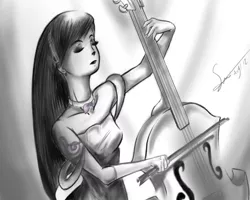 Size: 960x768 | Tagged: safe, artist:styber, derpibooru import, octavia melody, human, alternative cutie mark placement, bow (instrument), cello, cello bow, clothes, cutie mark on human, dress, eyes closed, female, humanized, image, jpeg, monochrome, musical instrument, neo noir, partial color, shoulder cutie mark, solo