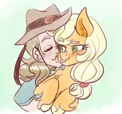 Size: 1313x1222 | Tagged: safe, artist:mimiporcellini, derpibooru import, applejack, earth pony, human, crossover, crossover shipping, hol horse, holjack, image, interspecies, jojo's bizarre adventure, kissing, kiss on the cheek, png, shipping