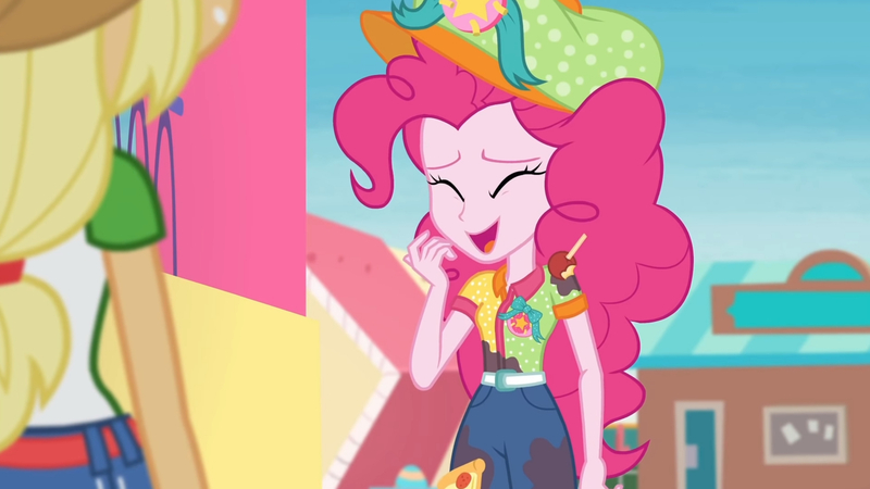 Size: 3410x1920 | Tagged: safe, derpibooru import, screencap, applejack, pinkie pie, equestria girls, equestria girls series, rollercoaster of friendship, applejack's hat, belt, clothes, cowboy hat, cute, denim skirt, diapinkes, eyes closed, female, hat, high res, image, jpeg, open mouth, skirt