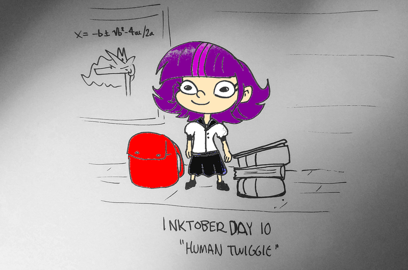 Size: 1280x848 | Tagged: safe, artist:tjpones, derpibooru import, edit, princess celestia, twilight sparkle, human, backpack, book, child, grayscale, humanized, image, inktober, inktober 2021, monochrome, png, poster, quadratic formula, solo, traditional art, twiggie, younger