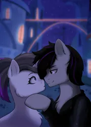 Size: 1920x2663 | Tagged: safe, artist:alune, derpibooru import, oc, oc:hazel radiate, oc:skynight sleuth, unofficial characters only, pegasus, pony, unicorn, blurry background, canterlot, cheek fluff, chest fluff, clothed male nude female, clothes, commission, ear fluff, eyebrows, eyelashes, female, highlights, hoof under chin, horn, image, jacket, jpeg, looking at each other, male, mare, night, now kiss, pegasus oc, ponytail, raised hoof, romantic, stallion, unicorn oc, wings, ych result