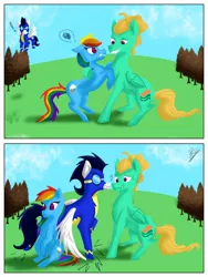 Size: 768x1024 | Tagged: safe, artist:amandascxd, derpibooru import, rainbow dash, soarin', zephyr breeze, pegasus, pony, female, image, jpeg, male, shipping, soarindash, straight, wonderbolts