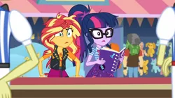 Size: 3410x1920 | Tagged: safe, derpibooru import, screencap, flam, flim, golden hazel, sandalwood, sci-twi, sunset shimmer, twilight sparkle, equestria girls, equestria girls series, rollercoaster of friendship, bowtie, brothers, clothes, crossed arms, cutie mark, cutie mark on clothes, female, flim flam brothers, geode of empathy, glasses, hand on hip, high res, image, jacket, jewelry, jpeg, leather, leather jacket, magical geodes, male, messy hair, necklace, notebook, open mouth, ponytail, siblings