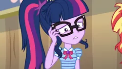 Size: 3410x1920 | Tagged: safe, derpibooru import, screencap, sci-twi, sunset shimmer, twilight sparkle, equestria girls, equestria girls series, rollercoaster of friendship, bowtie, female, geode of telekinesis, glasses, high res, image, jewelry, jpeg, lip bite, magical geodes, necklace, ponytail, solo focus