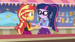 Size: 3410x1920 | Tagged: safe, derpibooru import, screencap, sci-twi, sunset shimmer, twilight sparkle, equestria girls, equestria girls series, rollercoaster of friendship, bowtie, clothes, cutie mark, cutie mark on clothes, female, geode of empathy, geode of telekinesis, glasses, high res, image, jacket, jewelry, jpeg, leather, leather jacket, magical geodes, messy hair, necklace, ponytail, smiling