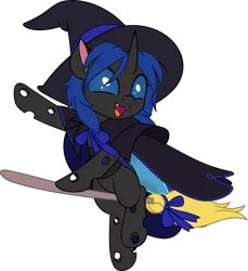 Size: 4585x5000 | Tagged: safe, artist:jhayarr23, derpibooru import, oc, oc:swift dawn, unofficial characters only, changeling, pony, absurd resolution, blue changeling, blue eyes, bow, broom, cape, changeling oc, clothes, commission, cute, fangs, flying, flying broomstick, hat, high res, horn, image, looking at you, male, open mouth, open smile, png, ribbon, simple background, smiling, solo, stallion, transparent background, wings, witch costume, witch hat, ych result