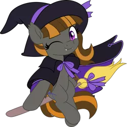 Size: 5005x5000 | Tagged: safe, artist:jhayarr23, derpibooru import, oc, oc:mythic dawn, unofficial characters only, bat pony, pony, absurd resolution, bat pony oc, bat wings, broom, cape, clothes, commission, cute, eyelashes, fangs, female, flying, flying broomstick, hat, image, looking at you, one eye closed, png, purple eyes, ribbon, simple background, smiling, smiling at you, solo, transparent background, wings, wink, winking at you, witch costume, witch hat, ych result