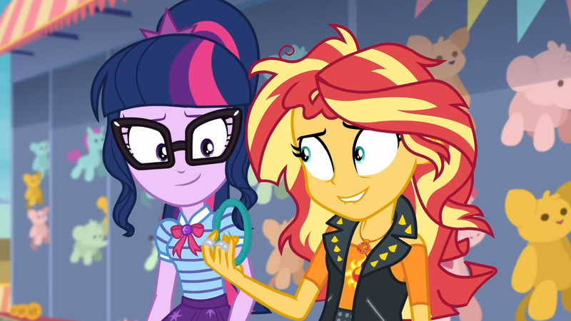 Size: 3410x1920 | Tagged: safe, derpibooru import, screencap, sci-twi, sunset shimmer, twilight sparkle, equestria girls, equestria girls series, rollercoaster of friendship, bowtie, clothes, cutie mark, cutie mark on clothes, female, geode of empathy, geode of telekinesis, glasses, high res, image, jacket, jewelry, jpeg, leather, leather jacket, magical geodes, messy hair, necklace, ponytail, smiling