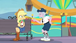 Size: 3410x1920 | Tagged: safe, derpibooru import, screencap, applejack, stanley excelsior, equestria girls, equestria girls series, rollercoaster of friendship, applejack's hat, belt, bench, boots, clothes, cowboy boots, cowboy hat, cutie mark, cutie mark on clothes, denim skirt, female, geode of super strength, hat, high res, image, jewelry, jpeg, magical geodes, male, necklace, pointing, shoes, skirt