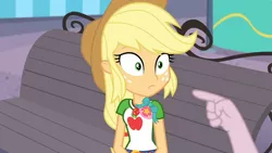 Size: 3410x1920 | Tagged: safe, derpibooru import, screencap, applejack, stanley excelsior, equestria girls, equestria girls series, rollercoaster of friendship, applejack's hat, belt, clothes, cowboy hat, cutie mark, cutie mark on clothes, denim skirt, female, geode of super strength, hat, high res, image, jewelry, jpeg, magical geodes, male, necklace, offscreen character, pointing, skirt, solo focus