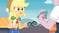 Size: 3410x1920 | Tagged: safe, derpibooru import, screencap, applejack, stanley excelsior, equestria girls, equestria girls series, rollercoaster of friendship, applejack's hat, belt, clothes, cowboy hat, cutie mark, cutie mark on clothes, denim skirt, female, geode of super strength, hat, high res, image, jewelry, jpeg, magical geodes, male, necklace, open mouth, skirt