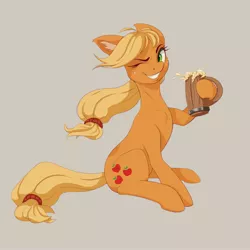 Size: 4000x4000 | Tagged: safe, artist:galinn-arts, derpibooru import, applejack, pony, cider mug, image, jpeg, missing accessory, mug, simple background, sitting, smiling