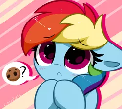 Size: 4292x3824 | Tagged: safe, artist:kittyrosie, derpibooru import, rainbow dash, pegasus, pony, abstract background, blushing, cookie, cute, dashabetes, floppy ears, food, image, looking at you, png, solo, speech bubble