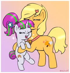 Size: 1898x1966 | Tagged: safe, artist:heretichesh, derpibooru import, oc, oc:zeta, oc:zippi, unofficial characters only, earth pony, pony, unicorn, cute, eyes closed, female, filly, freckles, gradient background, holding a pony, hug, image, jpeg, ocbetes, open mouth, open smile, smiling