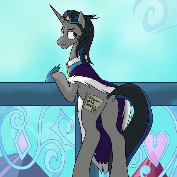 Size: 2000x2000 | Tagged: safe, alternate version, artist:d00tnibba, artist:dragonthecreeper1, derpibooru import, king sombra, pony, unicorn, butt, dock, good king sombra, image, implied chrysalis, implied chrysombra, implied shipping, implied straight, looking back, male, plot, png, solo, stallion, tail