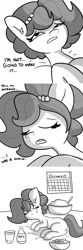 Size: 3300x9900 | Tagged: safe, artist:tjpones, derpibooru import, oc, oc:brownie bun, unofficial characters only, earth pony, pony, horse wife, black and white, calendar, comic, crying, dialogue, eyes closed, female, grayscale, image, lying down, mare, monochrome, pepto-bismol, png, solo, stomach ache