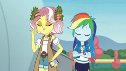 Size: 3410x1920 | Tagged: safe, derpibooru import, screencap, rainbow dash, vignette valencia, equestria girls, equestria girls series, rollercoaster of friendship, clothes, crossed arms, cutie mark, cutie mark on clothes, eyes closed, female, geode of super speed, high res, hoodie, image, jewelry, jpeg, magical geodes, mobile phone, necklace, phone, smartphone, smiling