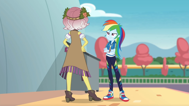 Size: 3410x1920 | Tagged: safe, derpibooru import, screencap, rainbow dash, vignette valencia, equestria girls, equestria girls series, rollercoaster of friendship, clothes, crossed arms, cutie mark, cutie mark on clothes, female, geode of super speed, hand on hip, high res, hoodie, image, jewelry, jpeg, magical geodes, mobile phone, necklace, phone, shoes, smartphone, smiling, sneakers