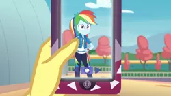 Size: 3410x1920 | Tagged: safe, derpibooru import, screencap, rainbow dash, vignette valencia, equestria girls, equestria girls series, rollercoaster of friendship, clothes, cutie mark, cutie mark on clothes, female, geode of super speed, hand on hip, high res, hoodie, image, jewelry, jpeg, magical geodes, mobile phone, necklace, phone, smartphone, solo focus