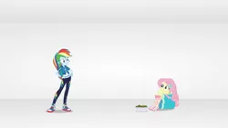 Size: 3410x1920 | Tagged: safe, derpibooru import, screencap, fluttershy, rainbow dash, equestria girls, equestria girls series, rollercoaster of friendship, clothes, cutie mark, cutie mark on clothes, female, geode of super speed, hairpin, hand on hip, high res, hoodie, image, jewelry, jpeg, magical geodes, necklace, sandals, shoes, sneakers