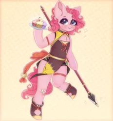 Size: 1020x1100 | Tagged: safe, artist:saltyvity, derpibooru import, pinkie pie, anthro, earth pony, pony, blue eyes, cake, collaboration, cute, food, genshin impact, image, pink hair, png, solo, sparkles, spear, weapon, xianling