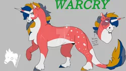 Size: 1280x720 | Tagged: safe, artist:gasmask-donkey, derpibooru import, oc, oc:warcry, pony, unicorn, coat markings, gray background, image, jpeg, magical gay spawn, male, offspring, parent:big macintosh, parent:shining armor, parents:shiningmac, simple background, solo, stallion, unshorn fetlocks