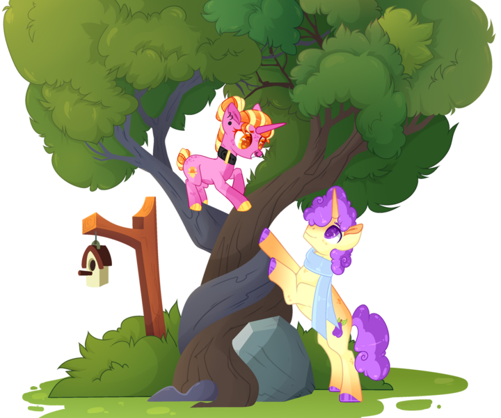 Size: 1280x1066 | Tagged: safe, artist:lilywolfpie-yt, derpibooru import, luster dawn, oc, oc:pear jam, pony, alternate hairstyle, image, offspring, parent:big macintosh, parent:sugar belle, parents:sugarmac, png, simple background, transparent background, tree