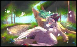 Size: 1300x790 | Tagged: safe, artist:primarylilybrisk, derpibooru import, oc, unofficial characters only, butterfly, insect, pegasus, pony, choker, crepuscular rays, duo, eyes closed, female, grass, image, lying, male, mare, outdoors, png, sky, stallion, tree