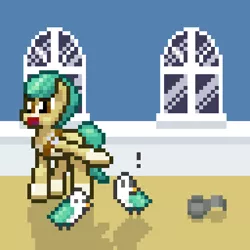 Size: 512x512 | Tagged: safe, artist:nitobit, derpibooru import, hitch trailblazer, bird, earth pony, pony, my little pony: a new generation, angry, can, exclamation point, g5, image, male, maretime bay, pixel art, png, pointing, stallion, yelling