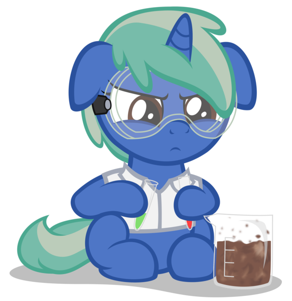 Size: 3320x3420 | Tagged: safe, artist:strategypony, derpibooru import, oc, oc:nova spark, unofficial characters only, pony, unicorn, beaker, clothes, experiment, female, filly, floppy ears, foal, goggles, horn, image, lab coat, not chocolate, png, safety goggles, science, serious, simple background, sitting, test tube, transparent background, unicorn oc