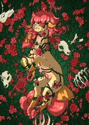 Size: 1920x2716 | Tagged: semi-grimdark, artist:oneiria-fylakas, derpibooru import, oc, oc:sunset rose, earth pony, pony, blood, bone, flower, image, jpeg, skull, solo