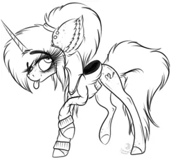 Size: 2156x1994 | Tagged: safe, artist:beamybutt, derpibooru import, oc, oc:heart sketch, unofficial characters only, alicorn, pony, :p, alicorn oc, ear fluff, ear piercing, eyelashes, female, horn, image, lineart, mare, monochrome, piercing, png, raised hoof, signature, solo, tongue out, wings