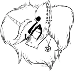 Size: 2204x2083 | Tagged: safe, artist:beamybutt, derpibooru import, oc, unofficial characters only, pony, unicorn, bust, ear fluff, ear piercing, horn, image, jewelry, lineart, male, monochrome, necklace, piercing, png, simple background, solo, stallion, unicorn oc, white background