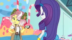 Size: 3410x1920 | Tagged: safe, derpibooru import, screencap, rarity, vignette valencia, equestria girls, equestria girls series, rollercoaster of friendship, bracelet, female, grin, hand on hip, high res, image, jewelry, jpeg, mobile phone, phone, rarity peplum dress, smartphone, smiling