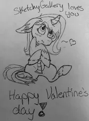 Size: 1572x2153 | Tagged: safe, artist:sketchytwi, derpibooru import, oc, unofficial characters only, pony, unicorn, clothes, female, floppy ears, grayscale, happy valentines day, horn, image, jpeg, lineart, mare, monochrome, scarf, sitting, solo, traditional art, unicorn oc, unshorn fetlocks