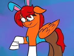 Size: 1024x768 | Tagged: safe, artist:tranzmuteproductions, derpibooru import, oc, oc:goldenfox, unofficial characters only, pegasus, pony, abstract background, blushing, bunny ears, bunny suit, clothes, cuffs (clothes), female, image, mare, pegasus oc, png, raised hoof, solo, wings