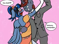 Size: 1024x768 | Tagged: safe, artist:tranzmuteproductions, derpibooru import, oc, oc:gutiu serenade, oc:thornquill, unofficial characters only, pegasus, unicorn, arm hooves, blushing, clothes, crossdressing, dancing, dialogue, dressing, duo, embarrassed, evening gloves, gay, gloves, horn, image, long gloves, male, necktie, pegasus oc, pink background, png, simple background, smiling, smirk, suit, unicorn oc, wings