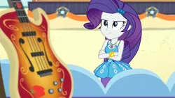 Size: 3410x1920 | Tagged: safe, derpibooru import, screencap, rarity, equestria girls, equestria girls series, rollercoaster of friendship, bass guitar, bracelet, crossed arms, female, geode of shielding, hairpin, high res, image, jewelry, jpeg, magical geodes, musical instrument, rarity peplum dress, solo