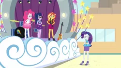Size: 3410x1920 | Tagged: safe, derpibooru import, screencap, pinkie pie, rarity, sci-twi, sunset shimmer, twilight sparkle, equestria girls, equestria girls series, rollercoaster of friendship, bass guitar, bowtie, bracelet, clothes, crossed arms, cutie mark, cutie mark on clothes, drums, female, geode of empathy, geode of shielding, geode of sugar bombs, geode of telekinesis, glasses, hairpin, high heels, high res, image, jacket, jewelry, jpeg, leather, leather jacket, magical geodes, musical instrument, necklace, ponytail, rarity peplum dress, shoes, tanktop