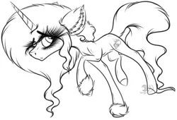 Size: 2658x1812 | Tagged: safe, artist:beamybutt, derpibooru import, oc, oc:sweet tea, unofficial characters only, pony, unicorn, ear fluff, eyelashes, hoof fluff, horn, image, lineart, monochrome, png, raised hoof, simple background, solo, unicorn oc, white background