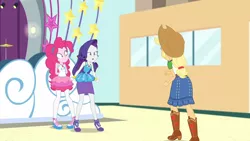 Size: 3410x1920 | Tagged: safe, derpibooru import, screencap, applejack, pinkie pie, rarity, equestria girls, equestria girls series, rollercoaster of friendship, applejack's hat, belt, boots, clothes, cowboy boots, cowboy hat, cutie mark, cutie mark on clothes, denim skirt, female, geode of shielding, geode of sugar bombs, hat, high heels, high res, image, jewelry, jpeg, magical geodes, necklace, open mouth, rarity peplum dress, shoes, skirt, solo