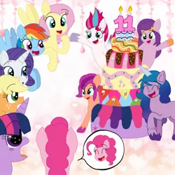 Size: 1280x1280 | Tagged: safe, artist:fantasyartist21, derpibooru import, applejack, fluttershy, izzy moonbow, pinkie pie, pipp petals, rainbow dash, rarity, sunny starscout, twilight sparkle, zipp storm, cake, food, g5, image, jpeg, mane six, mlp fim's eleventh anniversary