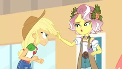Size: 3410x1920 | Tagged: safe, derpibooru import, screencap, applejack, vignette valencia, equestria girls, equestria girls series, rollercoaster of friendship, applejack's hat, belt, clothes, cowboy hat, cutie mark, cutie mark on clothes, denim skirt, female, geode of super strength, hat, high res, image, jewelry, jpeg, magical geodes, mobile phone, necklace, open mouth, phone, skirt, smartphone