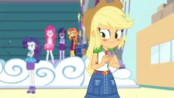 Size: 3410x1920 | Tagged: safe, derpibooru import, screencap, applejack, pinkie pie, rarity, sci-twi, sunset shimmer, twilight sparkle, equestria girls, equestria girls series, rollercoaster of friendship, applejack's hat, belt, blushing, bracelet, clothes, cowboy hat, crossed arms, cutie mark, cutie mark on clothes, denim skirt, female, geode of empathy, geode of shielding, geode of sugar bombs, geode of super strength, geode of telekinesis, glasses, hat, high heels, high res, image, jacket, jewelry, jpeg, leather, leather jacket, magical geodes, mobile phone, necklace, phone, rarity peplum dress, shoes, skirt, smartphone, tanktop