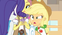 Size: 3410x1920 | Tagged: safe, derpibooru import, screencap, applejack, rarity, vignette valencia, equestria girls, equestria girls series, rollercoaster of friendship, applejack's hat, cowboy hat, female, geode of super strength, hat, high res, image, jewelry, jpeg, magical geodes, mobile phone, necklace, open mouth, phone, rarity peplum dress, smartphone